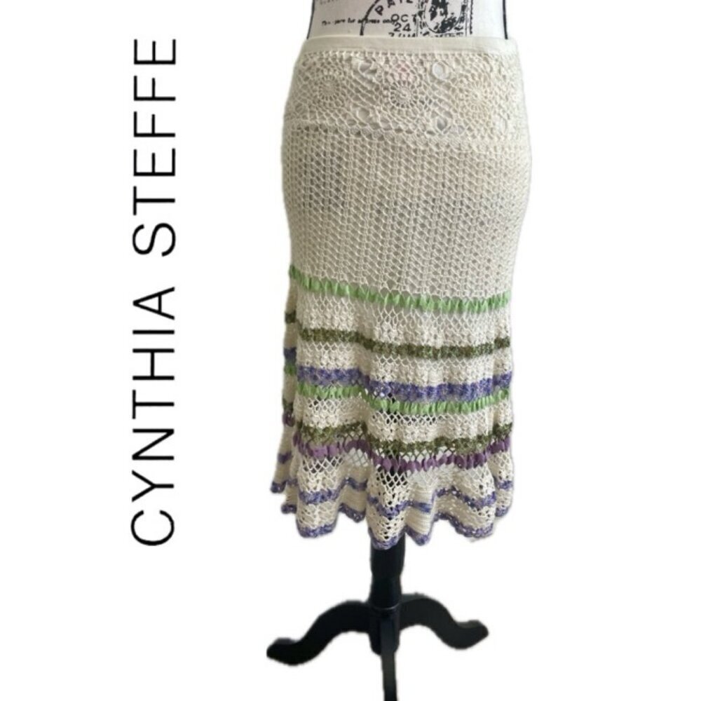 CYNTHIA STEFFE CROCHET SKIRT SZ S BOHEMIAN COTTON TAN LILAC GREEN VERSATILE CHIC
